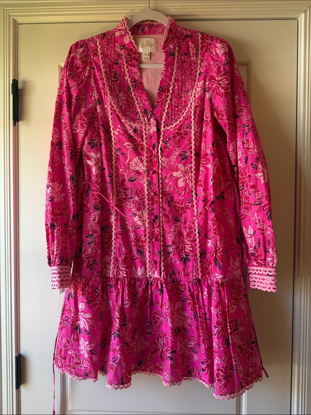 Lilly Pulitzer Hot Pink Floral Long-Sleeve Ruffle Dress